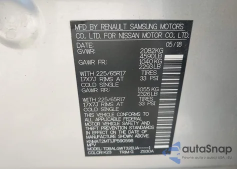 2018 Nissan Rogue Sv z USA, uszkodzony, nr VIN KNMAT2MT1JP590598